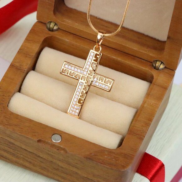 "Rose Gold Cross Pendant with Greek Key Design and Sparkling Stones, XPPT1610 - Picture 10 of 13
